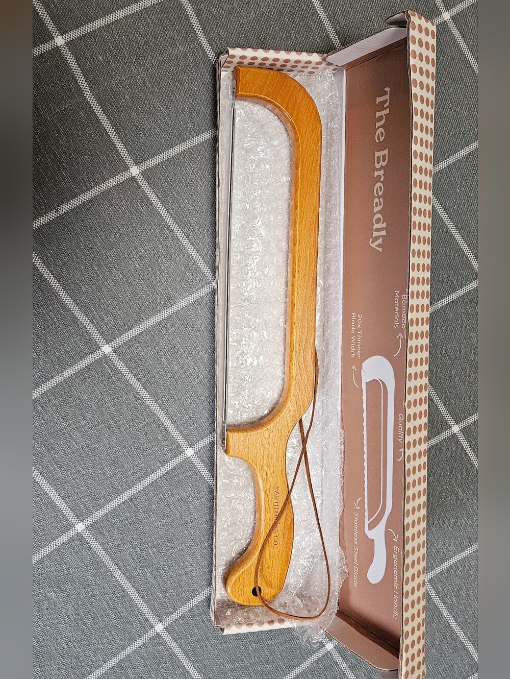 Bamboo-Handled Bread Slicer w/ Stainless Steel Blade and Leather Hanging Loop